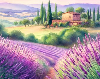 Tuscany Painting Lavander Field Art Print Italy Watercolor Painting Farm House Artwork Countryside Wall Art