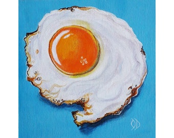 Egg Painting Food Original Art Fried Egg Oil Painting Kitchen Painting Food Artwork 8х8" Classic Still Life Art