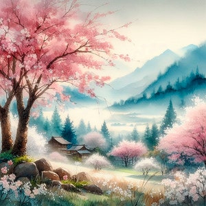 花の木の絵画 桜の水彩画 桜の壁アート 日本の風景画 アートプリント ピンクの花のアートワーク