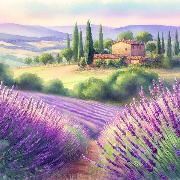 Tuscany Painting Lavander Field Art Print Italy Watercolor Painting Farm House Artwork Countryside Wall Art