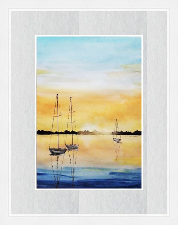 Sailboat Watercolor Original Painting Nautical Artwork Seascape Wall Art