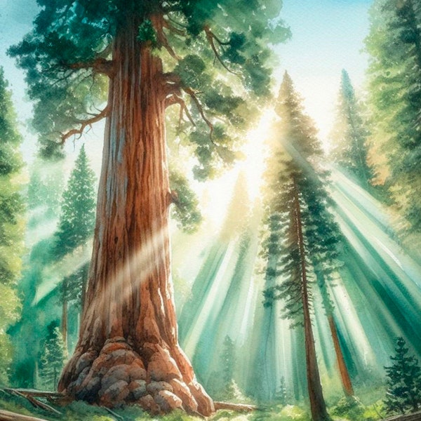 Sequoia Tree Watercolor Painting California Art Print Forest Landscape Wall Art Sequoia National Park Poster