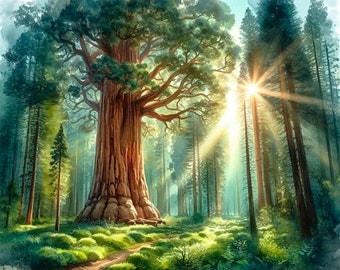 Sequoia Tree Painting California Art Print Forest Landscape Wall Art Sunset Artwork Sequoia National Park Poster