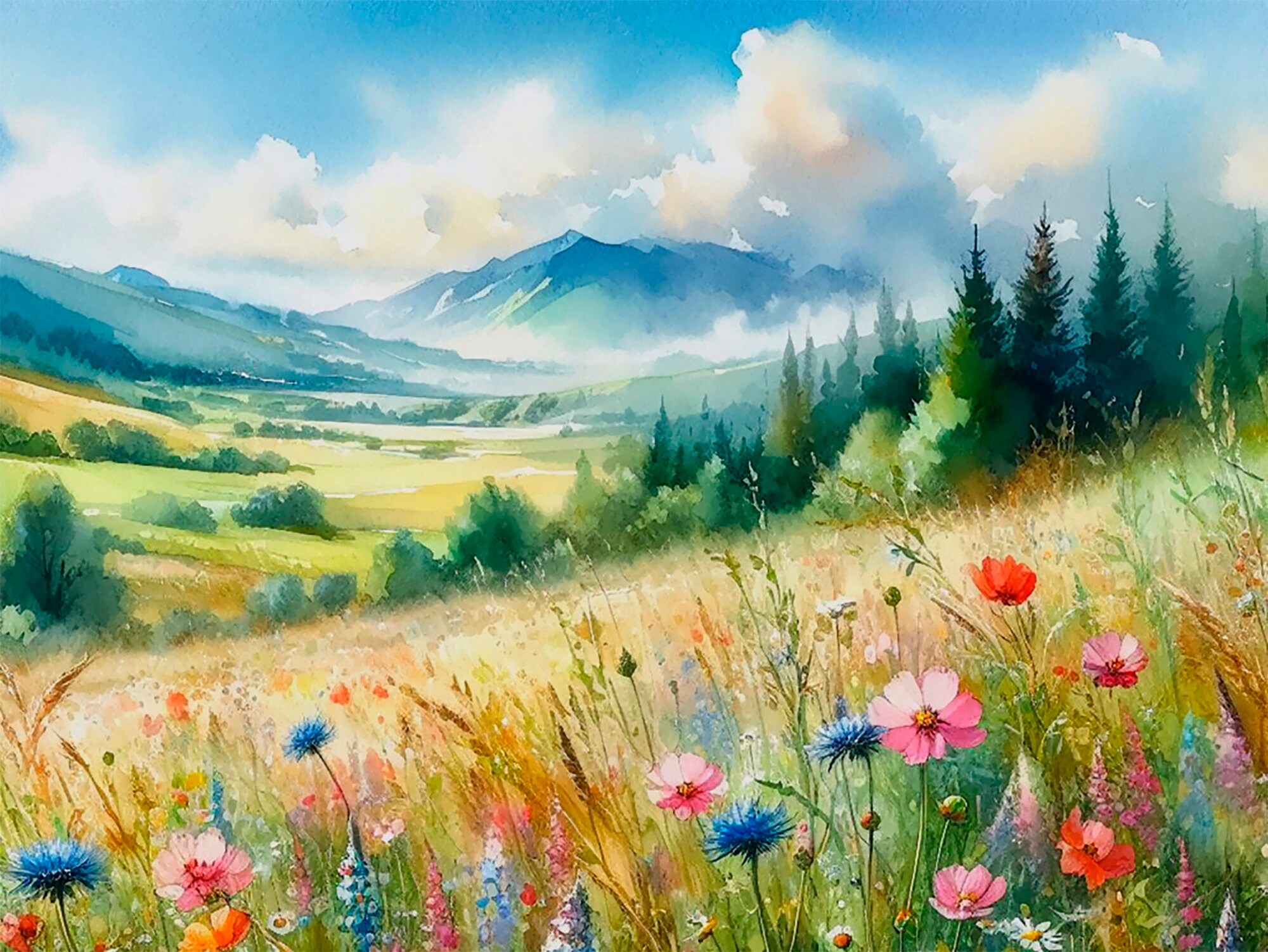 Mountain Meadow Watercolor Art Print: Floral Landscape Painting