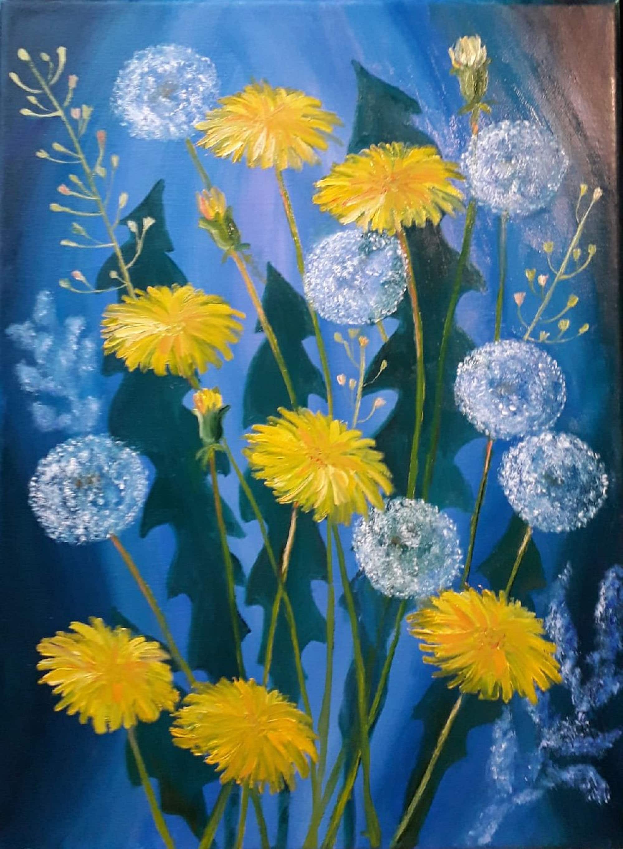 Dandelion Painting Original Art Canvas Floral Artwork Wild Etsy