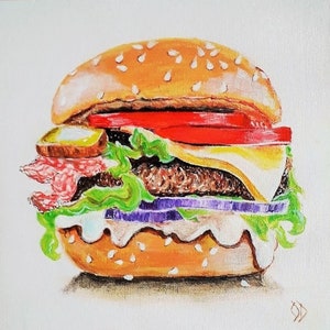 Burger Painting Food Original Art Food Oil Painting Classic Still Life Art Kitchen Painting Food Wall Art 8 x 8&quot; by ArtOlgaStore