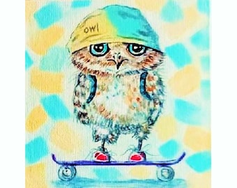 Funny Owl Painting Bird Original Art Owl Oil Painting Skateboarding Art 6 by 6" Animal Small Painting