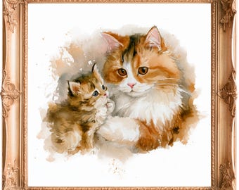 Quadro con mamma gatta e gattino: ritratto di famiglia felina, stampa artistica