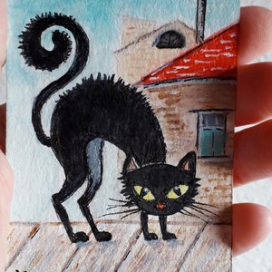 Pintura de acuarela de gato negro Arte original ACEO Animal Tarjeta Mascota Pequeña obra de arte Divertido Gato Arte en miniatura 2.5 por 3.5 por ArtOlgaStore