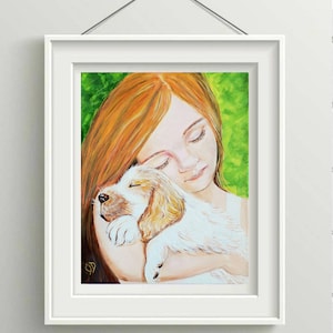 Ragazza con cucciolo Dipinto originale Arte per bambini Cane Opera d&#39;arte Ritratto di ragazza Pittura su tela per bambini Ragazza e cane Arte murale di ArtOlgaStore