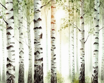 Birch Forest Watercolor Art Print: Neutral Aspen Landscape