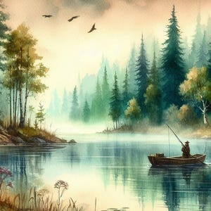 霧の湖のアートプリント 釣りの絵画 バーモント州の霧の風景 フィッシャーの水彩画 霧の水のアート 日没の風景 ウォールアート