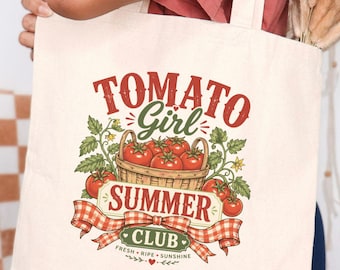 Tomato Girl Summer Tote Bag, Gift For Shopper, Gardening Lover Gift, Canvas Farmer Market Tote, Garden Tool Bag, Botanical Trendy Apparel