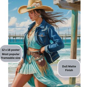 Beach Cowgirl Poster, Coastal Western Wall Art Print, Rustic Boho Cowgirl Decor, Preppy Dorm Beach Girl Artwork, Surf Room Country Print