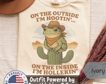 Unhinged Comfort Color Shirt, Ironic Hootin Hollerin Silly Frog Tshirt for Western Lovers, Retro Frog Shirt, Weird Chaos Self Care Gift