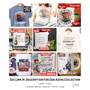 K&ouml;nnte beinhalten: Eine Sammlung von Grafik-T-Shirts und Keramiktassen mit humorvollen Texten und Illustrationen. Die Designs zeigen einen Liegestuhl, einen Schaukelstuhl, ein Faultier, einen Dinosaurier, einen Esel und verschiedene Spr&uuml;che &uuml;ber das &Auml;lterwerden.