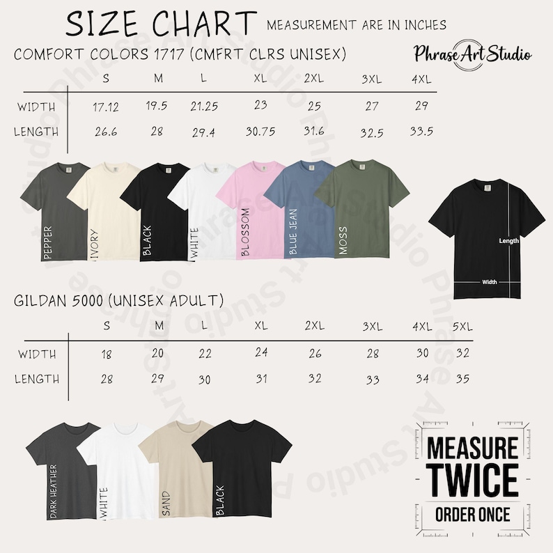 May include: A size chart for Comfort Colors 1717 and Gildan 5000 t-shirts, displaying width and length measurements in inches for sizes S through 5XL. The chart includes color swatches for pepper, ivory, black, white, blossom, blue jean, moss, dark heather, and sand.