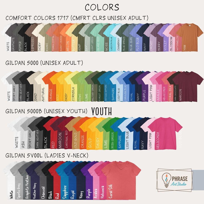 K&ouml;nnte beinhalten: Eine Farbkarte mit verschiedenen T-Shirt-Optionen, darunter Comfort Colors 1717, Gildan 5000, Gildan 5000B f&uuml;r Jugendliche und Gildan 5V00L V-Ausschnitt-Modelle. Jede Reihe zeigt mehrere einfarbige Muster mit den entsprechenden Textbeschriftungen.