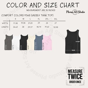 May include: A color and size chart for Comfort Colors 9360 unisex tank tops. It displays a table with width and length measurements in inches for sizes S to 3XL, color swatches labeled Pepper, White, Black, Ivory, Blue Jean, and Blossom, and a diagram.