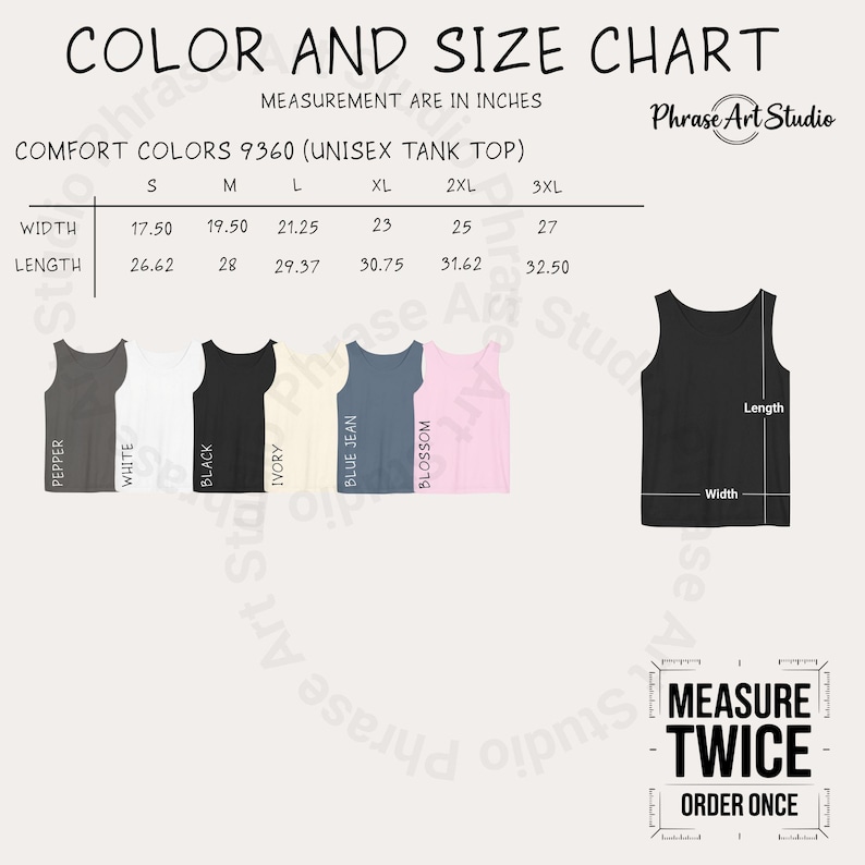 May include: A color and size chart for Comfort Colors 9360 unisex tank tops. It displays a table with width and length measurements in inches for sizes S to 3XL, color swatches labeled Pepper, White, Black, Ivory, Blue Jean, and Blossom, and a diagram.