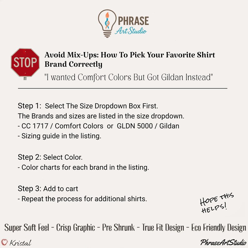 K&ouml;nnte beinhalten: Eine informative Grafik mit dem Titel Avoid Mix-Ups: How To Pick Your Favorite Shirt Brand Correctly. Sie enth&auml;lt ein rotes Stoppschild-Symbol, das Phrase Art Studio-Logo und drei Schritte zur Auswahl von T-Shirt-Gr&ouml;&szlig;en und -Farben.