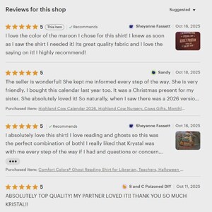 May include: A digital display of four customer reviews for an Etsy shop. Each review features a five-star rating, the reviewer's name, and the date. Two reviews include small thumbnail images of purchased items, and two include links to purchased items.