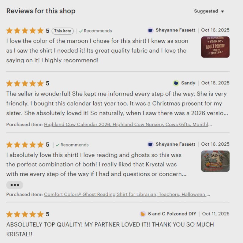 May include: A digital display of four customer reviews for an Etsy shop. Each review features a five-star rating, the reviewer's name, and the date. Two reviews include small thumbnail images of purchased items, and two include links to purchased items.