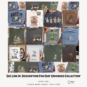May include: A collection of t-shirts and a mug featuring various graphic prints including a possum with the text FAKE IT UNTIL YOU MAKE IT, a frog labeled THIRD GRADE TEACHER, geese with MITOCHONDRIA OVERBURDENED, and a goose on a scooter with I'M OFF TO BLOW SOME MINDS.
