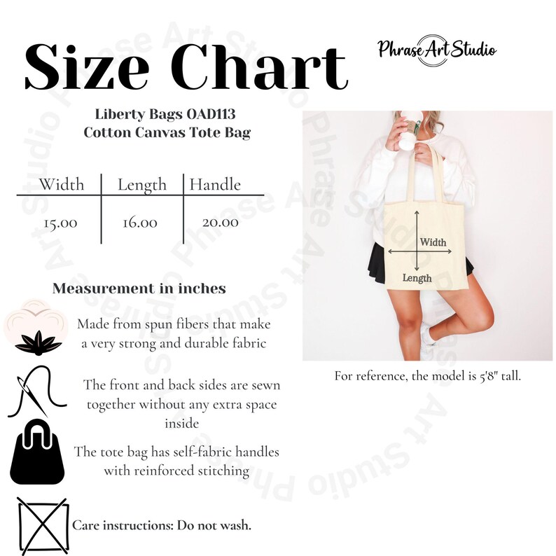 Pu&ograve; includere: Una tabella delle taglie per una borsa tote in tela di cotone beige con il testo Liberty Bags OAD113. La tabella elenca le dimensioni in pollici: 15.00 larghezza, 16.00 lunghezza e 20.00 manico. Include icone per cotone, cucito e lavaggio.