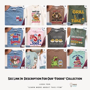 May include: A collection of twelve t-shirts in various colors including blue, cream, brown, green, and pink. Each shirt features unique graphic prints with text such as Say No To Pot, Touch My Fuzz, Papa Bear Grilling, Grill Time, Hot Dog Summer, USA, Deviled Egg, Life Happens, Ice Cream Sundae Club, Frog Legs, and Land Of The Free.