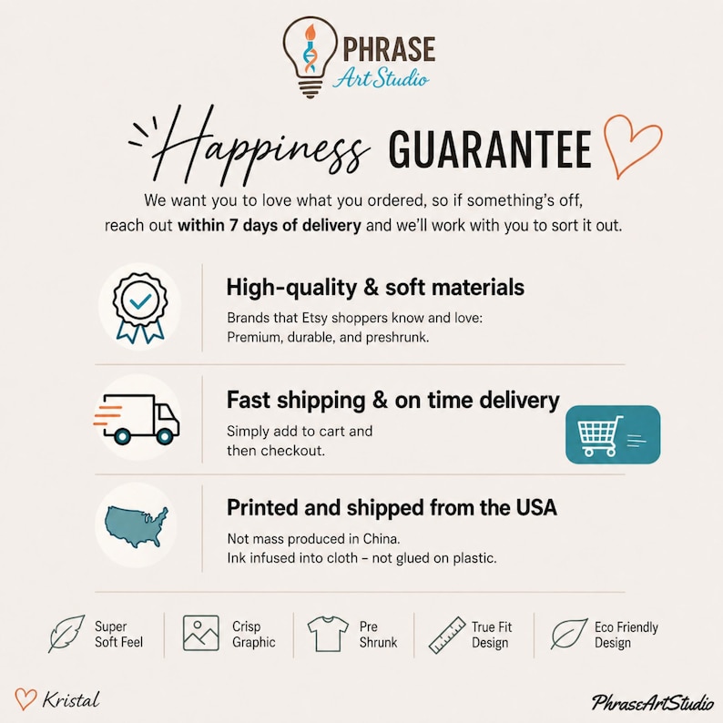 May include: An informational graphic titled Happiness Guarantee by Phrase Art Studio. It features icons for high-quality materials, fast shipping, and USA production. Text details include soft materials, ink-infused printing, and a 7-day return policy.