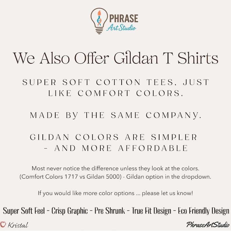 Pu&ograve; includere: Un grafico informativo con il logo Phrase Art Studio in alto. Il testo recita: We Also Offer Gildan T Shirts. Super soft cotton tees, just like Comfort Colors. Made by the same company. Gildan colors are simpler and more affordable.