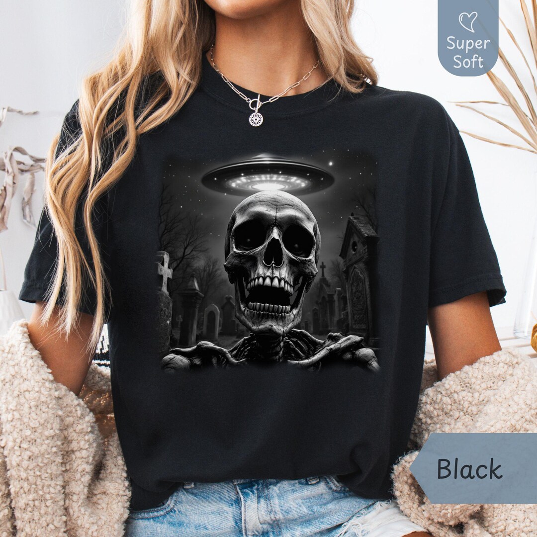 Alien Abduction Skeleton Shirt, Cosmic Horror Gothic Tee, UFO Graveyard ...