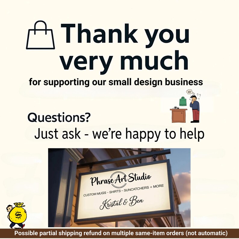 K&ouml;nnte beinhalten: Eine Dankeskarte f&uuml;r ein kleines Unternehmen mit Einkaufstaschen-Symbol, einer Cartoon-Figur und dem Text: Thank you very much for supporting our small design business. Questions? Just ask - we're happy to help. Phrase Art Studio Firmenschild.