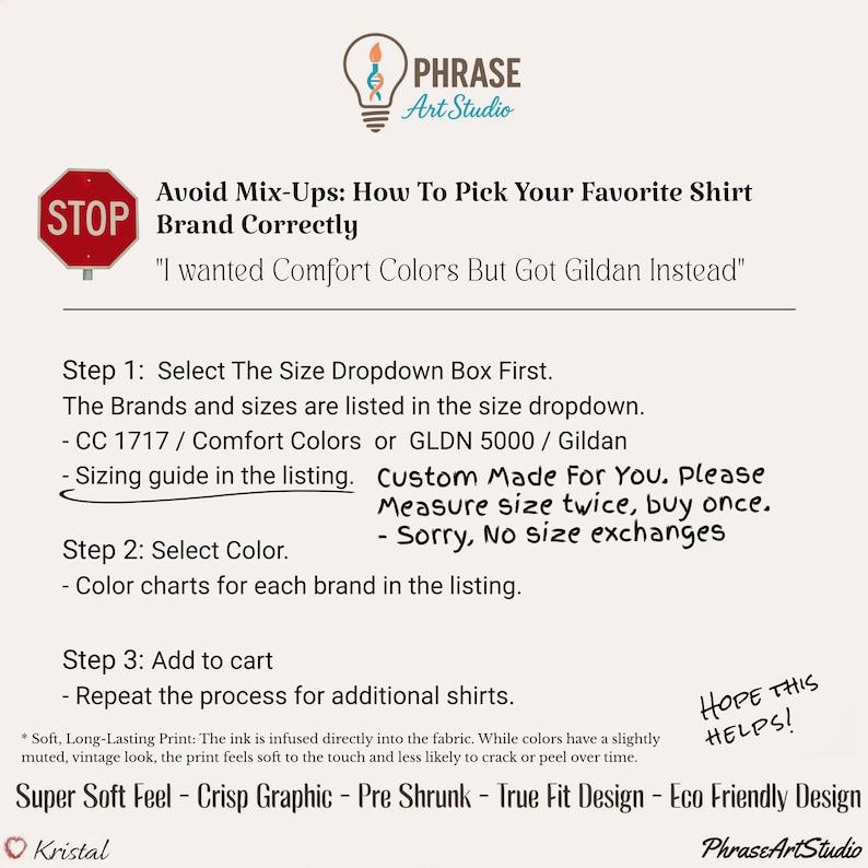May include: An informational graphic titled Avoid Mix-Ups: How To Pick Your Favorite Shirt Brand Correctly. It features a red stop sign icon, a lightbulb logo for Phrase Art Studio, and three steps for selecting shirt sizes, brands, and colors.