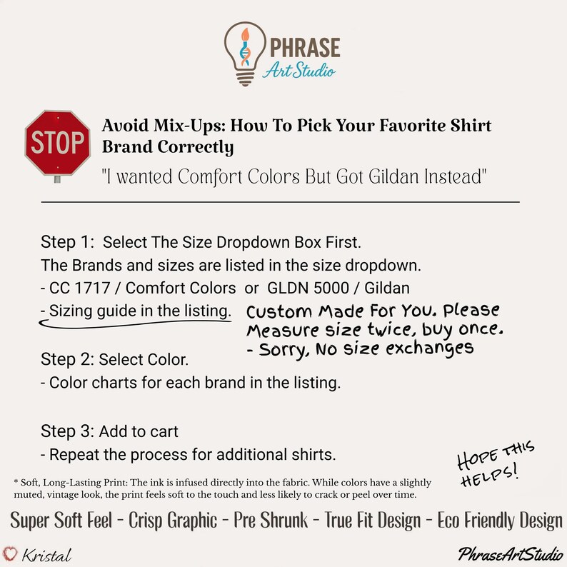 Pu&ograve; includere: Un grafico informativo intitolato Avoid Mix-Ups: How To Pick Your Favorite Shirt Brand Correctly. Presenta un'icona di segnale di stop rosso, il logo a lampadina di Phrase Art Studio e tre passaggi per selezionare taglie, marchi e colori.