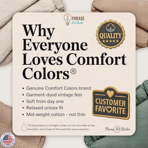 K&ouml;nnte beinhalten: Eine quadratische Infografik mit cremefarbenem Hintergrund und dem Text Why Everyone Loves Comfort Colors. Sie enth&auml;lt ein goldenes Qualit&auml;tssiegel, einen schwarzen Customer Favorite Aufn&auml;her und Aufz&auml;hlungspunkte zu Markenmerkmalen wie st&uuml;ckgef&auml;rbtem Stoff, einer lockeren Unisex-Passform und mittelschwerer Baumwolle. Das Phrase Art Studio Logo ist zu sehen.