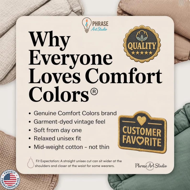 K&ouml;nnte beinhalten: Eine quadratische Infografik mit cremefarbenem Hintergrund und dem Text Why Everyone Loves Comfort Colors. Sie enth&auml;lt ein goldenes Qualit&auml;tssiegel, einen schwarzen Customer Favorite Aufn&auml;her und Aufz&auml;hlungspunkte zu Markenmerkmalen wie st&uuml;ckgef&auml;rbtem Stoff, einer lockeren Unisex-Passform und mittelschwerer Baumwolle. Das Phrase Art Studio Logo ist zu sehen.