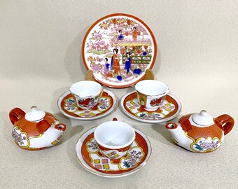 Vintage Miniature Porcelain Tea Set | Japanese Tea Set | Miniature Porcelain Teapots, Decorative Plate, Cup | 9 pcs Ceramic Tea Set