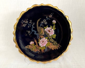 Porcelain Wall Plate, Blue and Gold Plate, Peacock Wall Plate, Vintage Decorative Plate, Collectible Porcelain Plate, Flower Wall Plate