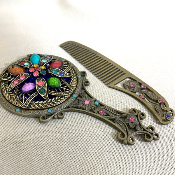 Vintage Hand Mirror and Comb Set | Make-up Bead Floral Mirror | Vanity Set | Princess Mirror | Hand Pocket Princess Mirror | Gift For Her