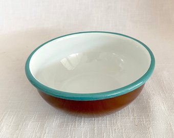 Tazón de esmalte retro / Tazón de esmalte marrón turquesa / Tazón de camping / Decoración de cocina rústica / Esmalte rústico / Decoración de cocina campestre