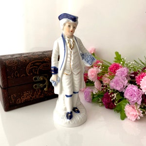 Porcelain Figurines Vintage | Victorian Style Porcelain White Blue Gold Gentleman Figurine | Delft Figurine Statues Home Decor Gift for Her