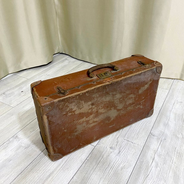 23" Antique Leather Old Suitcase | Vintage Decoration Hard Suitcase | Large Old Luggage | Retro Travel Case | Primitive Suitcase
