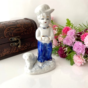 Porcelain Figurines Vintage | Victorian Style Porcelain White Blue Gold Boy & Dog Figurine | Delft Figurine Statues Home Decor Gift for Her