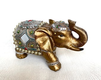 Vintage Gold Feng Shui Elephant Polyresin Statue | Antique Style Elephant Decor Figure | Housewarming Gift Animal Home Decor