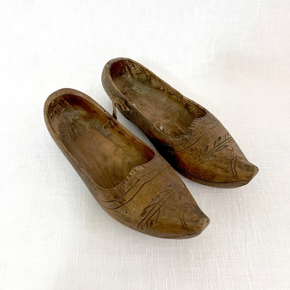 Antique Hand Carved Primitive Wooden Shoes, Vintage Wooden Clogs
