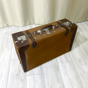 Maleta antigua de cuero primitivo marrón de 68 cm, rígida con decoración vintage, maleta de viaje grande, maleta de viaje retro - VDA0355