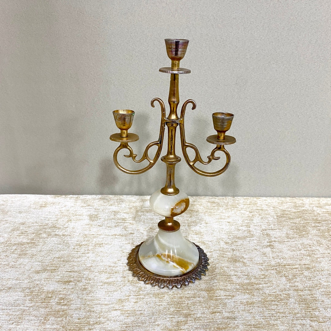 Vintage Brass Onyx Candlestick Holders Onyx Candle Holder 3 Arms Boho