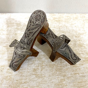 Vintage Miniature Nalin Clogs | Turkish Wooden Filigree Metal Clogs | Wooden Shoes | Bathhouse Slippers | Decorative Ottoman Clogs